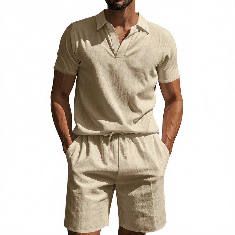 Men's Linen Polo Shirt and Shorts Set Summer Beach Casual Two-Piece Outfit - Image 4