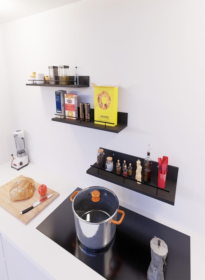 Giftgarden 16 Inch Black Floating Shelves with Black Metal Guardrail, Wood Shelves for Wall Storage Set of 3, Wall Shelf for Bathroom Bedroom Living Room Kitchen Nursery - Image 3