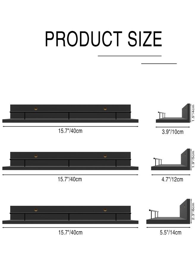 Giftgarden 16 Inch Black Floating Shelves with Black Metal Guardrail, Wood Shelves for Wall Storage Set of 3, Wall Shelf for Bathroom Bedroom Living Room Kitchen Nursery - Image 2