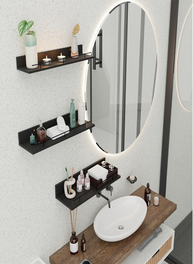 Giftgarden 16 Inch Black Floating Shelves with Black Metal Guardrail, Wood Shelves for Wall Storage Set of 3, Wall Shelf for Bathroom Bedroom Living Room Kitchen Nursery - Image 4