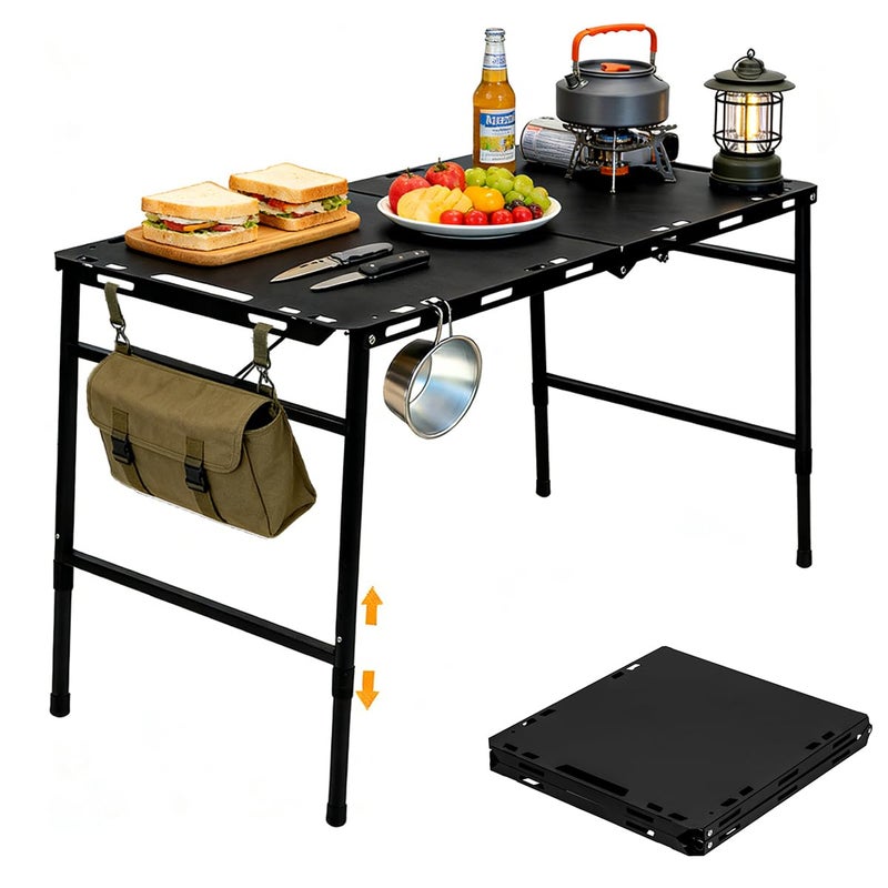 SoloWilder Foldable Camping Table with Gas Struts 3'5" Outdoor Portable Table 19" - 24" Height Adjustable Carbon Steel Lightweight Camping Table 12lb - Image 1