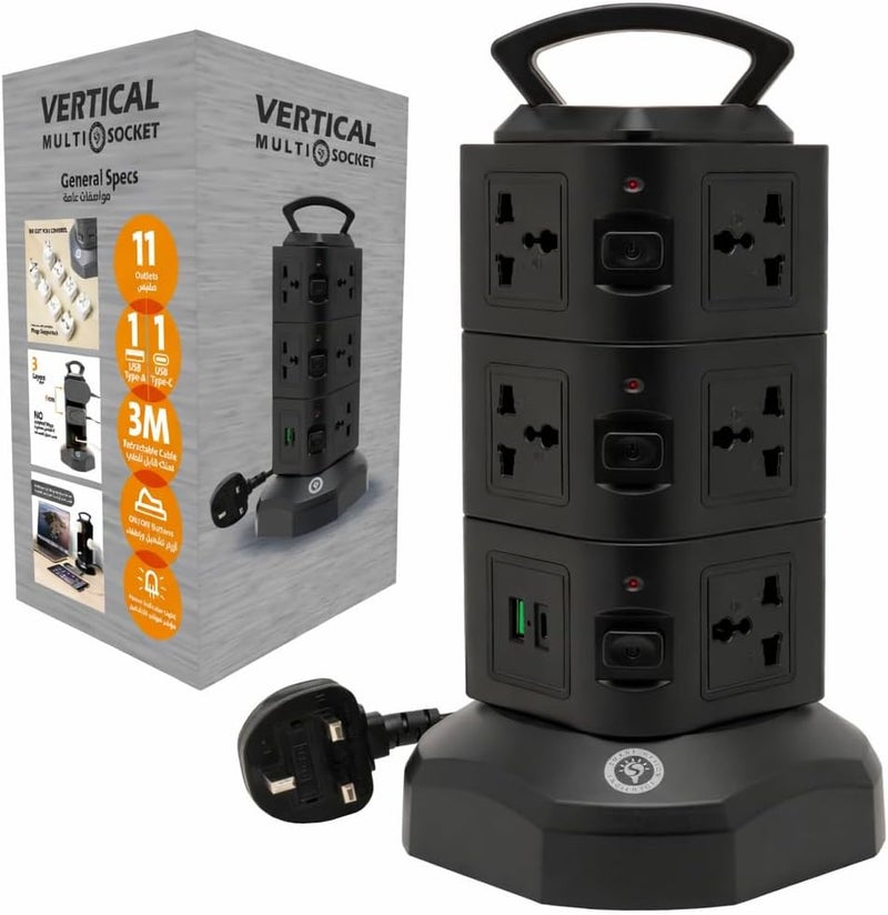 Smart Design Solutions Tower Extension Power Strip with Surge Protection | Multi Plug Vertical Design | Integrated USB Ports | 3M Cable - Image 1