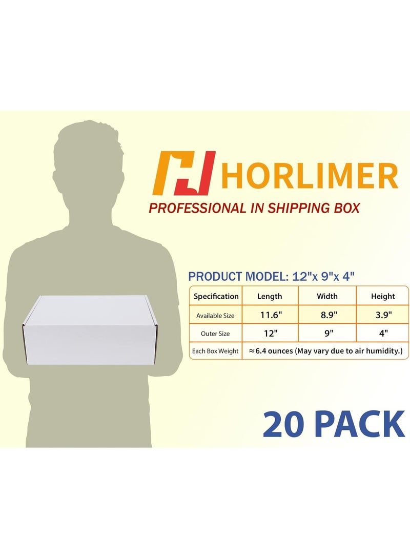HORLIMER علب شحن كرتونية بيضاء 12×9×4 بوصة – طقم 20 صندوق كرتون مموج متين للتغليف والتخزين والهدايا والتجارة الإلكترونية – سهلة التركيب بدون لاصق - Image 3