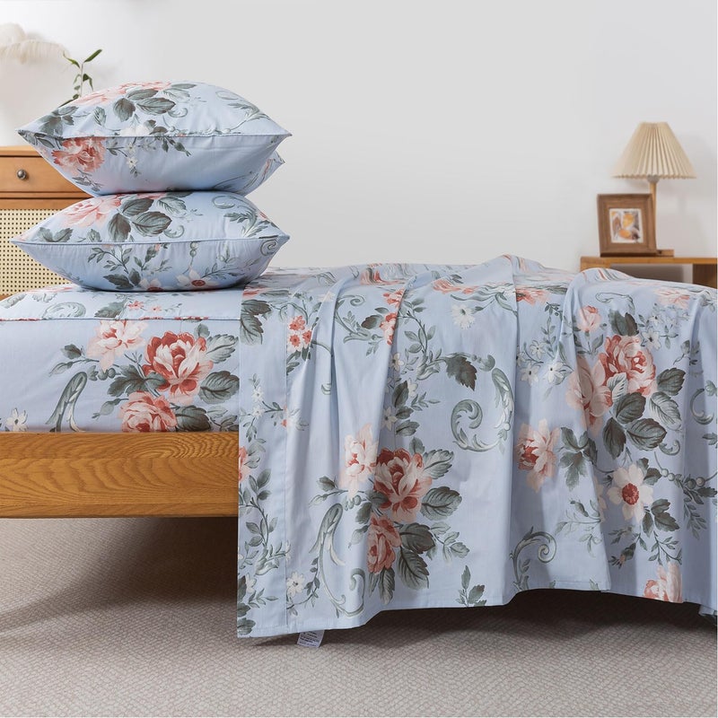 FADFAY King Sheets Set Percale Cotton Floral Bed Sheets Deep Pocket Fitted Sheet Luxury Pink Roses and White Small Flowers Pattern Shabby Vintage Countryside Style Bedding4Pcs
