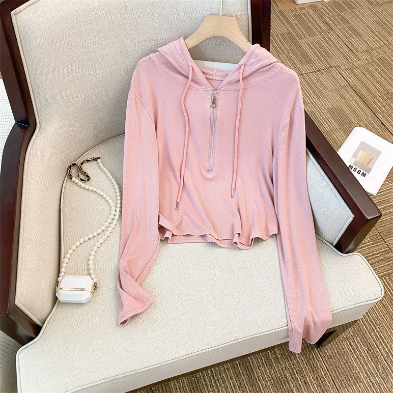 Design Sense Short Split Hoodie Long Sleeve T-shirt Womens Top 2025 Spring and Autumn New Casual Sweater Trendy Small Shirt Pink - Image 1