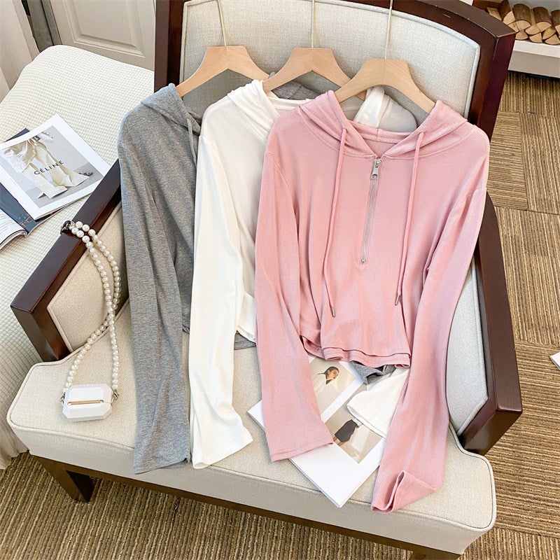 Design Sense Short Split Hoodie Long Sleeve T-shirt Womens Top 2025 Spring and Autumn New Casual Sweater Trendy Small Shirt Pink - Image 5