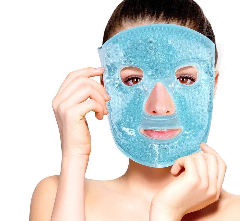Hot and Cold Therapy Gel Bead Full Facial Mask by FOMI Care Ice Face Mask for Migraine Headache Stress Relief Reduces Eye Puffiness Dark Circles Fabric Back Full Face wEye Holes