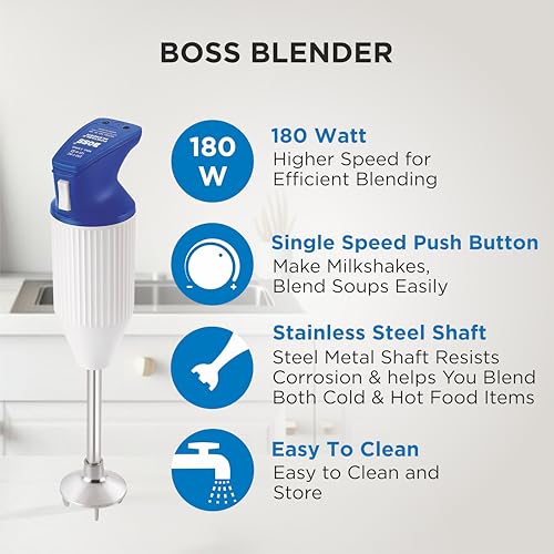 BOSS خلاط يدوي محمول BOSS E111 بقوة 180 واط | سهل التنظيف والتخزين | مع علامة ISI، أزرق - Image 2