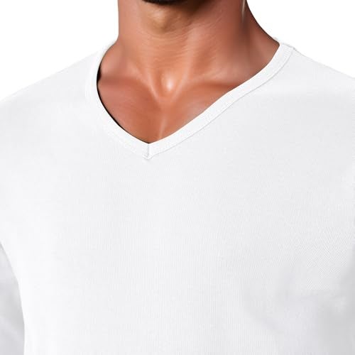 GIVON Men’s Slim Fit V-Neck Long Sleeve T-Shirt – 100% Cotton Ribbed Knit – Midweight Base Layer or Standalone Top / DCP053-WHITE-XXL - Image 4