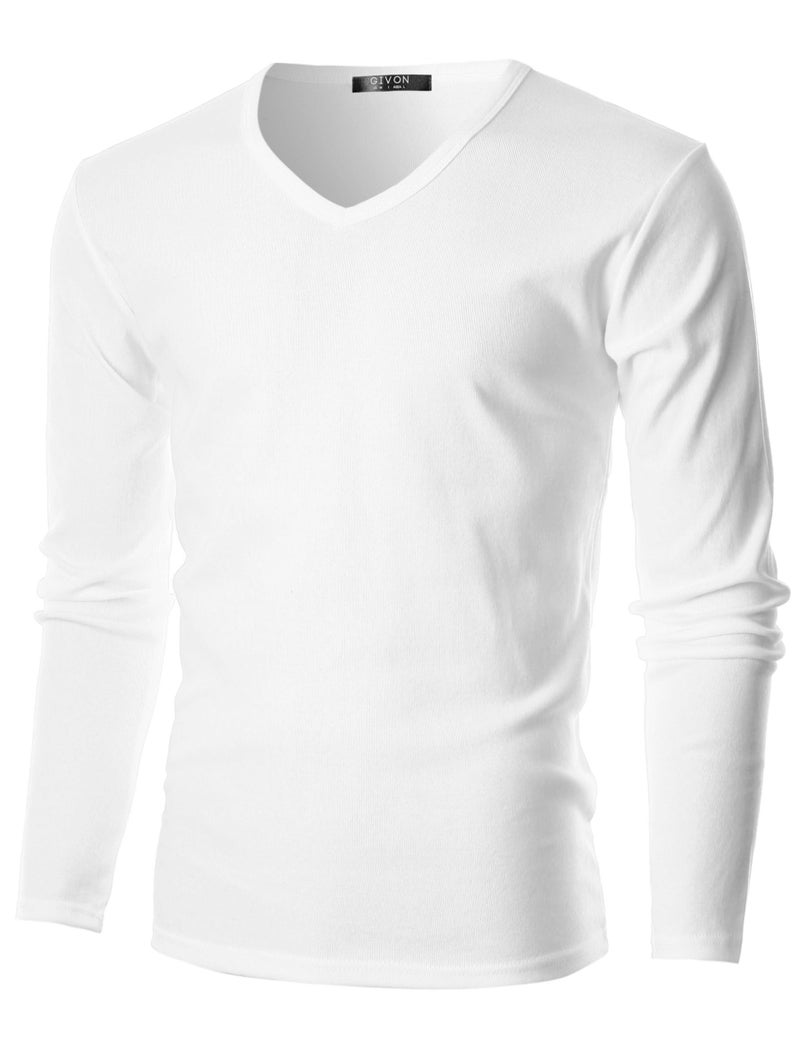 GIVON Men’s Slim Fit V-Neck Long Sleeve T-Shirt – 100% Cotton Ribbed Knit – Midweight Base Layer or Standalone Top / DCP053-WHITE-XXL - Image 1