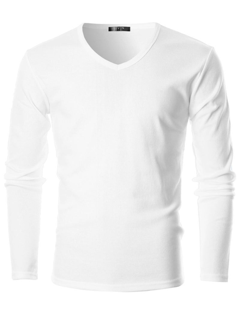 GIVON Men’s Slim Fit V-Neck Long Sleeve T-Shirt – 100% Cotton Ribbed Knit – Midweight Base Layer or Standalone Top / DCP053-WHITE-XXL - Image 2