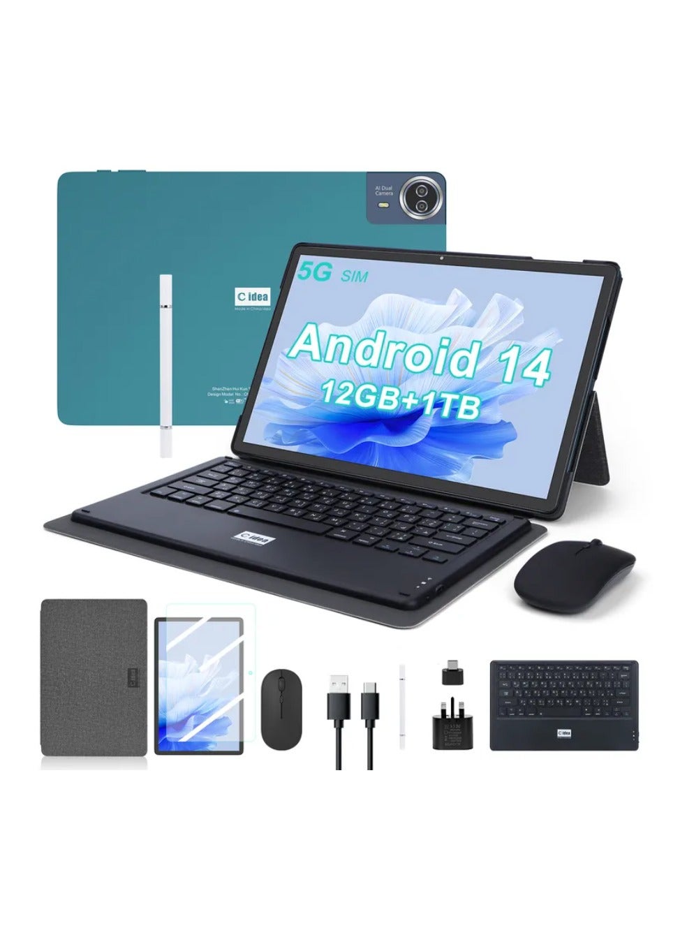 14 inch Tablet PC, Android 14 Tablet with Dual 5G SIM Octa-Core 12GB RAM 1TB ROM, FHD Screen, 20000mAh Battery with Bluetooth, Keyboard & Stylus CM14000 Plus(Blue)