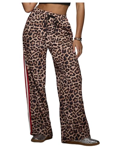 WDIRARA Women's Y2k Leopard Print Pants Elastic Waist Wide Leg Pants Trousers Bottoms Brown Cheetah Small - Image 1