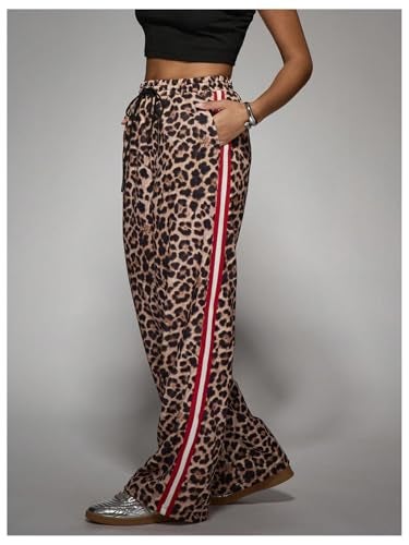 WDIRARA Women's Y2k Leopard Print Pants Elastic Waist Wide Leg Pants Trousers Bottoms Brown Cheetah Small - Image 4