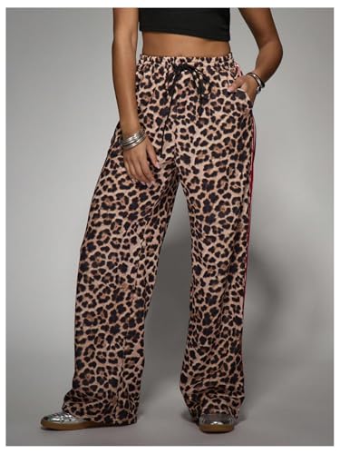 WDIRARA Women's Y2k Leopard Print Pants Elastic Waist Wide Leg Pants Trousers Bottoms Brown Cheetah Small - Image 5