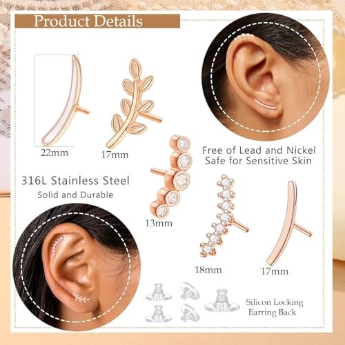 VAMA FASHIONS 5 Pair 18K Rose Gold Plated Stud Earrings Anti Tarnish Hypoallergenic Waterproof Cartilage Ear Studs multiple Piercing Combo Set For Women & Girls - Image 3