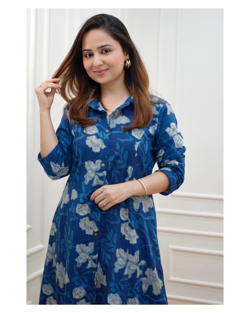 Arayna Women's Cotton Floral Printed Co-ord Set - Straight Kurta Palazzo Pants, Blue, 3X-Large - Image 5