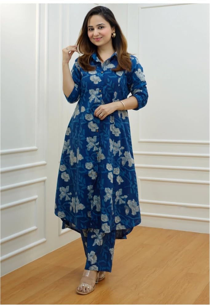 Arayna Women's Cotton Floral Printed Co-ord Set - Straight Kurta Palazzo Pants, Blue, 3X-Large - Image 4