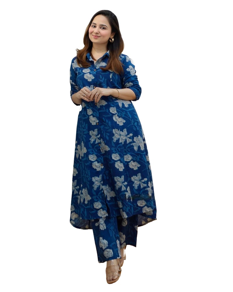 Arayna Women's Cotton Floral Printed Co-ord Set - Straight Kurta Palazzo Pants, Blue, 3X-Large - Image 3