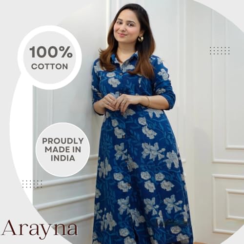 Arayna Women's Cotton Floral Printed Co-ord Set - Straight Kurta Palazzo Pants, Blue, 3X-Large - Image 2