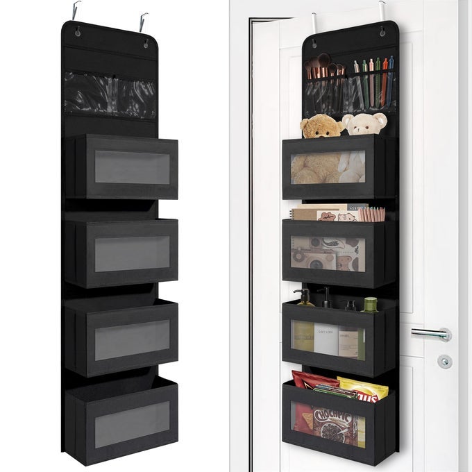 OVER DOOR ORGANIZER WITH 4 LARGE CAPACITY POCKETS HANGING ORGANIZER STORAGE FOR CLOSET BATHROOM NURSERY BEDROOM DORM TOYS COSMETICS SUNDRIES AND BABY ESSENTIALS BLACK