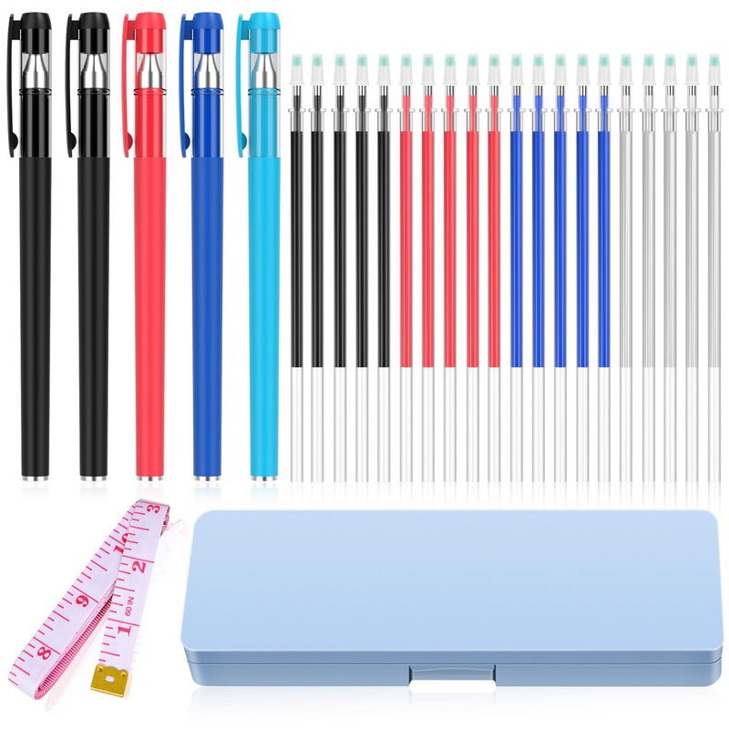 WANFRES fabric markers for sewing, heat erasable pens for fabric sewing and quilting, 5 pens + 20 refills, embroidery fabric pen, disappearing ink pen for fabric, tailors marking, sewing supplies. - Image 1