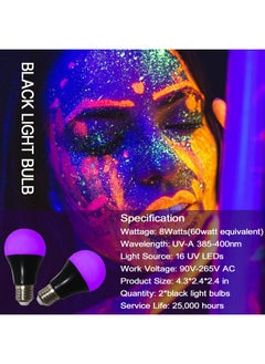 CICINY CICINY UV LED Black Light Bulbs 2 Pack, A19 E26 8W Blacklight Bulb for Glow in The Dark, UVA Level 385-400nm, Blacklight Light Bulbs for Parties Body Paint Fluorescent Poster Pet Stains  - Image 2