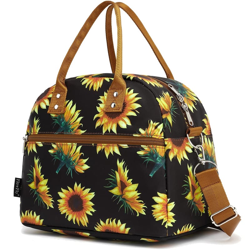 FlowFly Insulated Lunch Bag With Shoulder Strap for Women Men and Kids Large and Reusable Handle Freezable Work and School Travel Tote and Meal Prep OrganizerSunflower