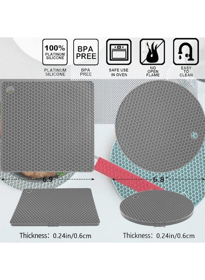 Beauenty 4 Pcs Silicone Trivet Pot Mat, Silicone Pot Holders for Hot Pan and Pot Pads. Heat Resistant Counter Mats for Tables Placemats,Countertops, Spoon Rest and Large Coasters,Gray(2 Squared + 2 Round) - Image 5