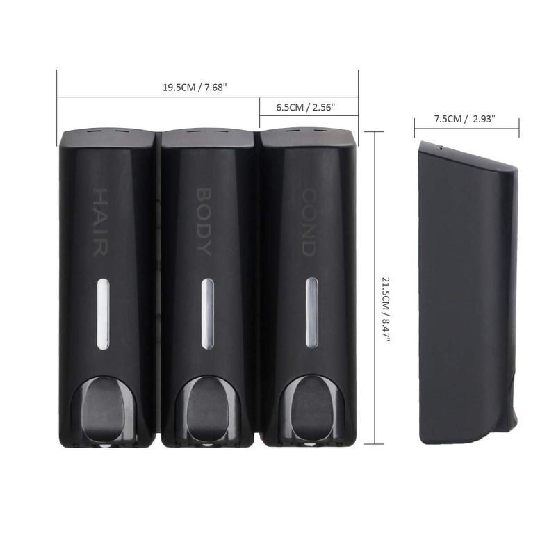 AUMIO Chamber Shower Soap Dispenser Trio Wall Mounted Shampoo and Conditioner Dispenser, Conditioner Body Wash Dispenser Set, No Drill Shampoo Dispenser for Bathroom Hotel, Black - Image 2