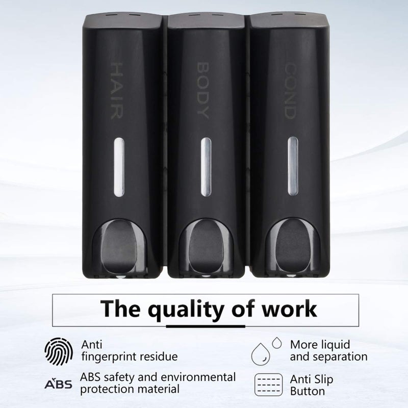 AUMIO Chamber Shower Soap Dispenser Trio Wall Mounted Shampoo and Conditioner Dispenser, Conditioner Body Wash Dispenser Set, No Drill Shampoo Dispenser for Bathroom Hotel, Black - Image 3