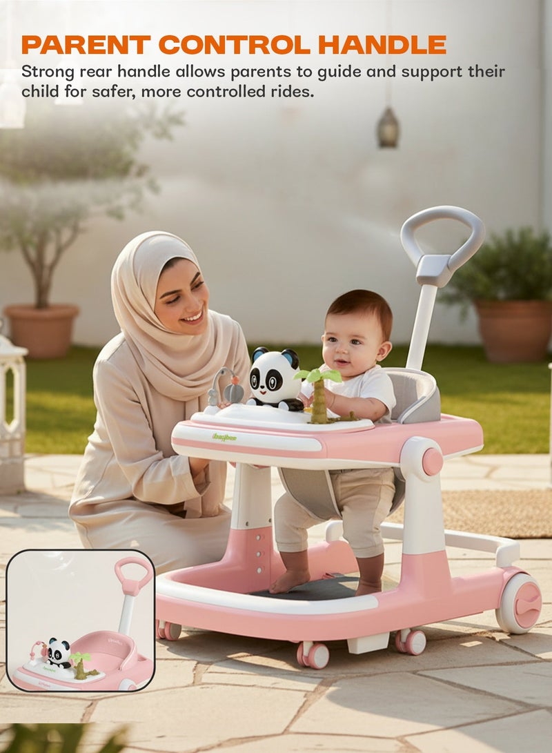 بيبي مشاية أطفال 3 في 1 بتصميم باندا، مزودة بمقبض دفع للوالدين، و5 مستويات ارتفاع قابلة للتعديل، وبساط للقدمين، وسرعة قابلة للتعديل، وقابلة للطي، مع إضاءة وصينية وموسيقى، مناسبة للأطفال من عمر 6 إلى 24 شهرًا، لون وردي - Image 4