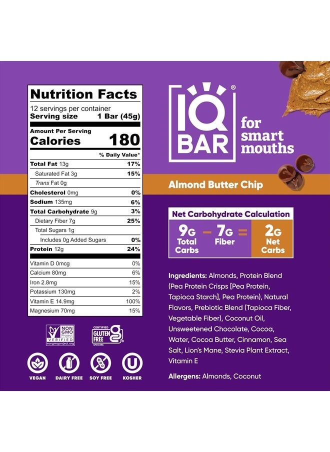 IQBAR - Brain and Body Plant Protein Bars - Almond Butter Chip - 12 Count, Low Carb, High Fiber, Gluten Free, Vegan Snacks - Low Sugar Keto Energy Bars - Image 1
