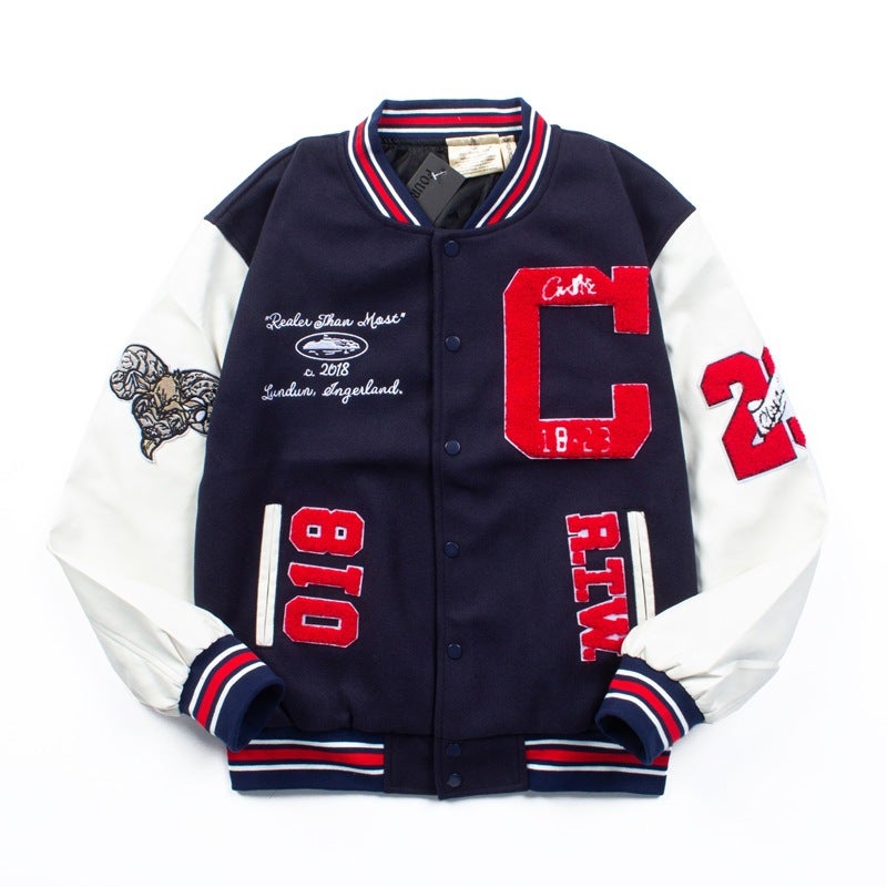 European and American Street Fashion Brand CRTZ Alcatraz Wool Leather Sleeve Heavy Industry 10,000 Needle Embroidered American Baseball Jacket Coat Sapphire Blue