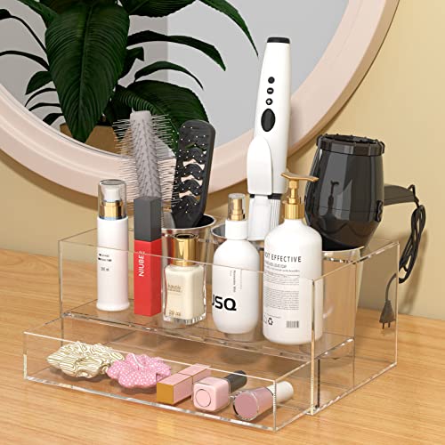 NIUBEE Hair Tool Organizer, Clear Acrylic Hair Dryer and Styling Organizer with Drawer, Bathroom Countertop Blow Dryer Holder, Vanity Caddy Storage Stand for Accessories, Makeup, Toiletries - Image 2