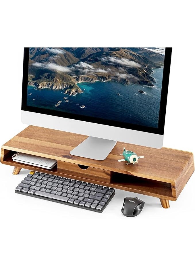 Tinamo Acacia Wood Monitor Stand with Drawer - Wooden Monitor Riser for Desk - Computer Monitor Stand for Desk - Multi-Purpose Desktop Storage Stand for Computer; Laptop; Printer; TV - Image 1
