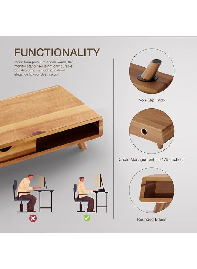 Tinamo Acacia Wood Monitor Stand with Drawer - Wooden Monitor Riser for Desk - Computer Monitor Stand for Desk - Multi-Purpose Desktop Storage Stand for Computer; Laptop; Printer; TV - Image 5