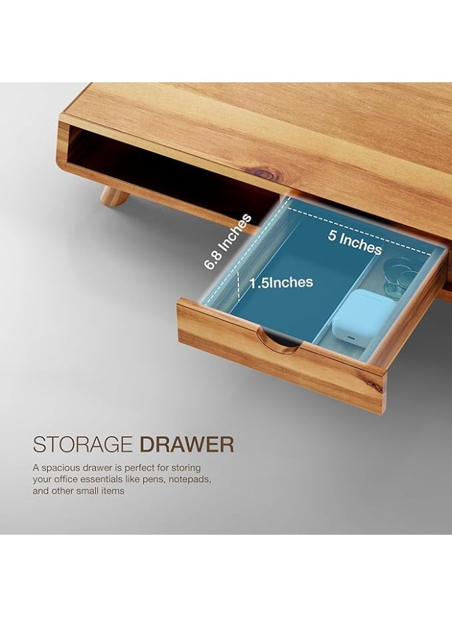 Tinamo Acacia Wood Monitor Stand with Drawer - Wooden Monitor Riser for Desk - Computer Monitor Stand for Desk - Multi-Purpose Desktop Storage Stand for Computer; Laptop; Printer; TV - Image 4