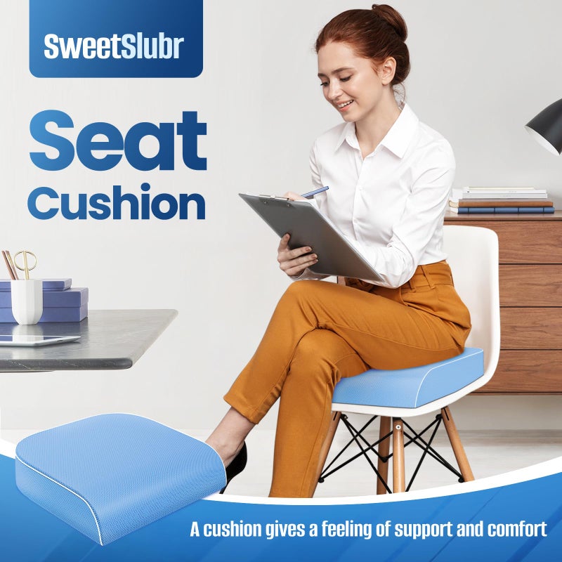 SweetSlubr Seat Cushion for Tailbone Pain Relief, Office Chair Cushion, Memory Foam Large Chair Cushion with Non-Slip Cover for Soft Support at Office Chair, Car Seat, Airplane Light Blue/Large - Image 3