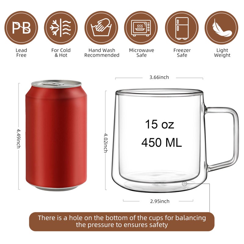 CNGLASS 15oz(4-pack) Double Walled Glass Coffee Mugs,Large Insulated Glass Mugs with Handle,Clear Coffee Cups for Espresso,Latte,Cappuccino,Tea - Image 2