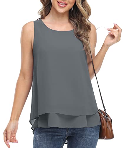 Jouica Blouses for Women Casual Summer Chiffon Sleeveless Blouses Tops Loose Flowy Dressy Tank Top,Grey,Large - Image 4