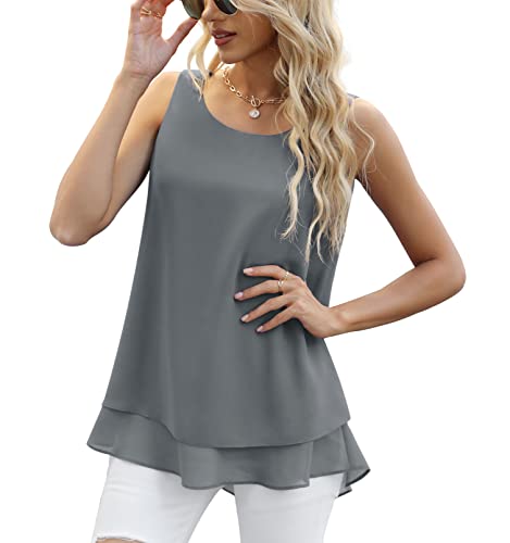 Jouica Blouses for Women Casual Summer Chiffon Sleeveless Blouses Tops Loose Flowy Dressy Tank Top,Grey,Large - Image 1