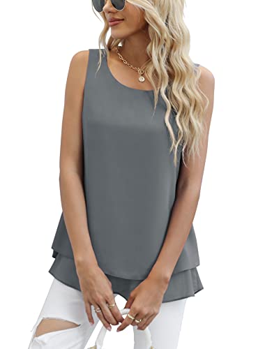 Jouica Blouses for Women Casual Summer Chiffon Sleeveless Blouses Tops Loose Flowy Dressy Tank Top,Grey,Large - Image 3
