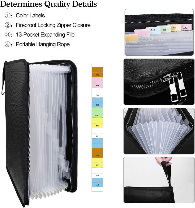 ENGPOW Fireproof File Folder Fireproof Fire and Water Resistant Money Document Bag with A4 Size 13 Pockets Zipper Closure Non-Itchy Silicone Coated Portable Filing Organizer Pouch(14.3" x 9.8") - Image 3