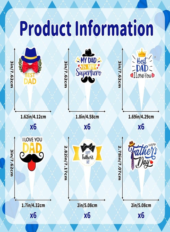 wuhuzsm 36pcs Father's Day Cupcake Toppers, Happy Fathers Day Cake Decorations I Love My Dad Best Dad Cupcake Picks with Beard & Tie Designs for Father's Day Party Supplies - Image 2