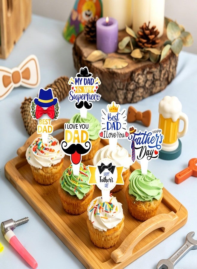 wuhuzsm 36pcs Father's Day Cupcake Toppers, Happy Fathers Day Cake Decorations I Love My Dad Best Dad Cupcake Picks with Beard & Tie Designs for Father's Day Party Supplies - Image 4