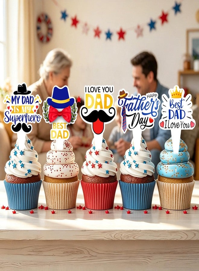 wuhuzsm 36pcs Father's Day Cupcake Toppers, Happy Fathers Day Cake Decorations I Love My Dad Best Dad Cupcake Picks with Beard & Tie Designs for Father's Day Party Supplies - Image 5