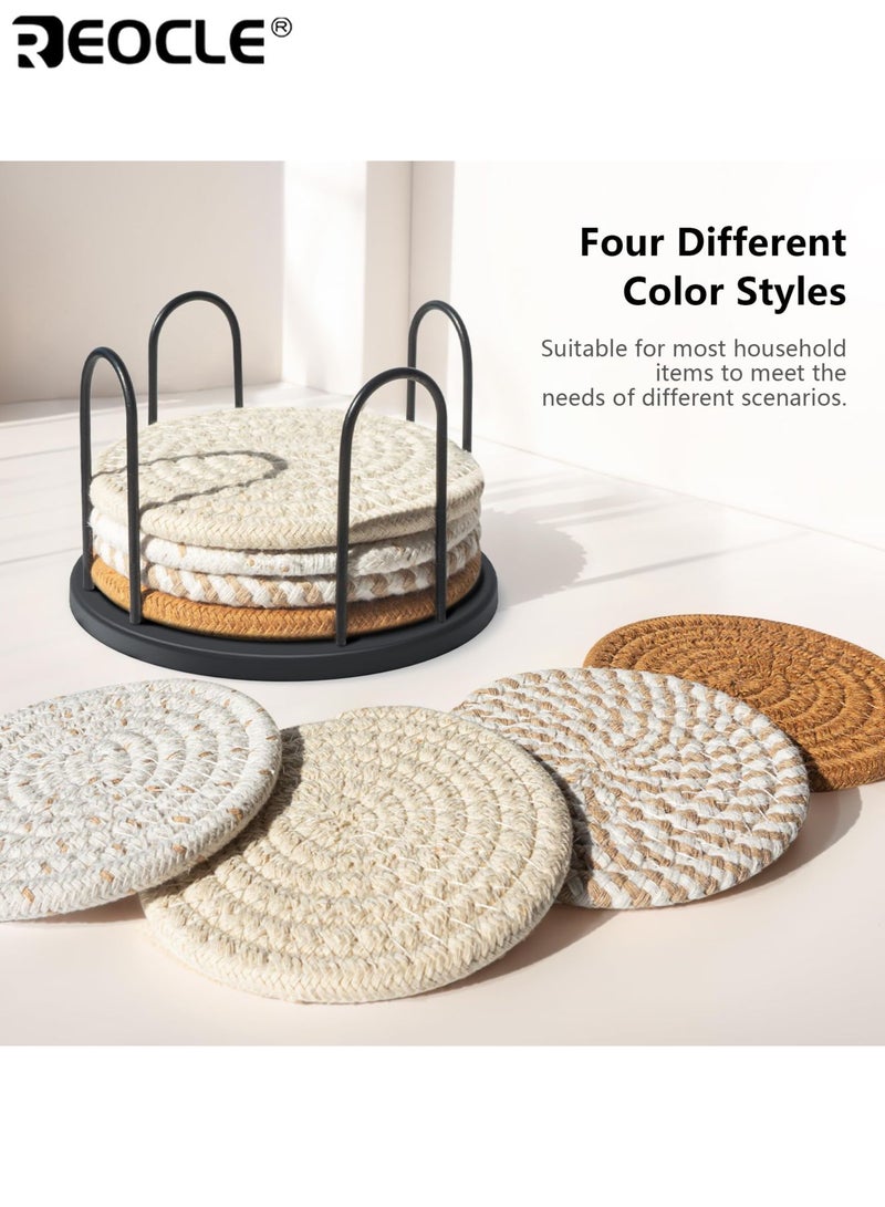 ريوكل طقم قواعد أكواب للمشروبات من 8 قطع بتصميم ماص، وقواعد حماية للطاولة مصنوعة من القطن المنسوج مع حامل، لديكور غرفة المعيشة. - Image 4