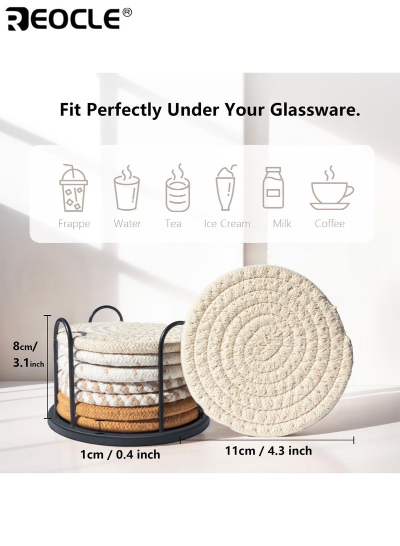 ريوكل طقم قواعد أكواب للمشروبات من 8 قطع بتصميم ماص، وقواعد حماية للطاولة مصنوعة من القطن المنسوج مع حامل، لديكور غرفة المعيشة. - Image 2