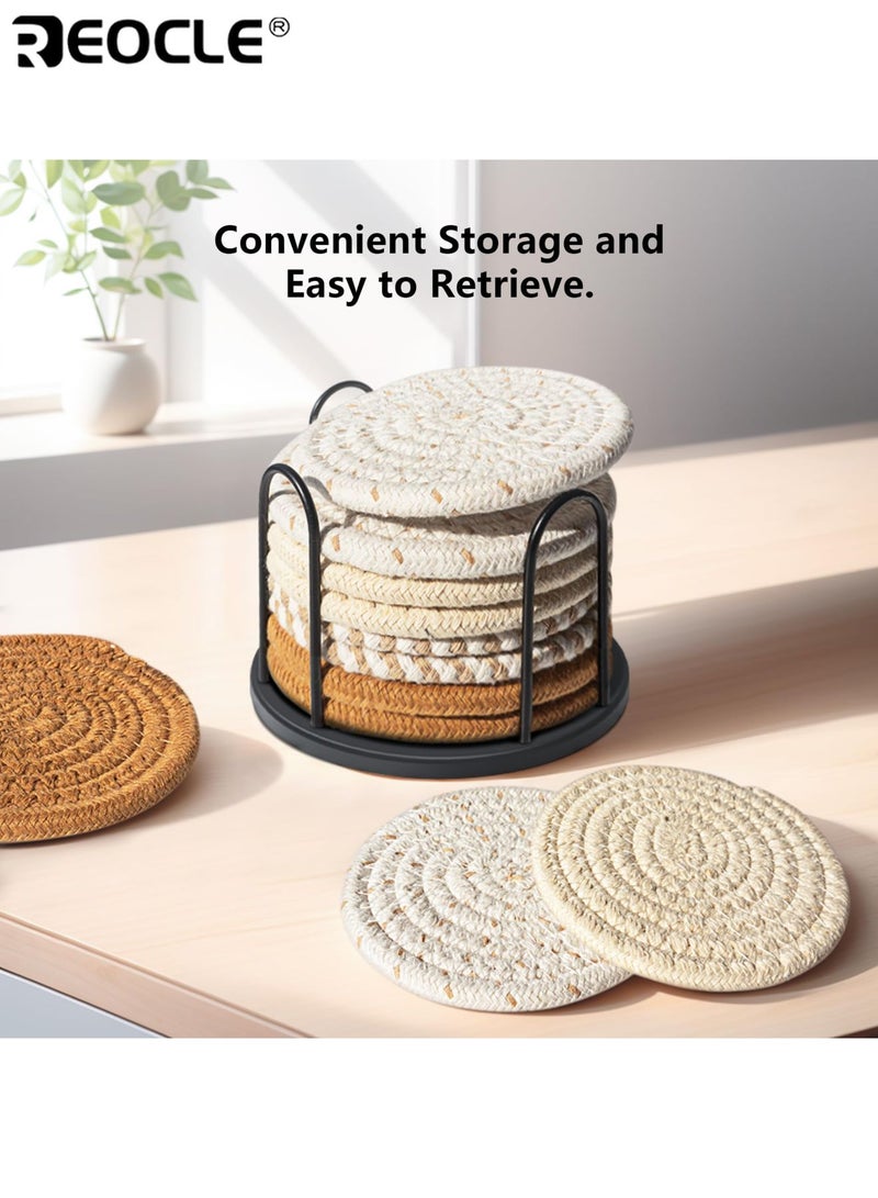 ريوكل طقم قواعد أكواب للمشروبات من 8 قطع بتصميم ماص، وقواعد حماية للطاولة مصنوعة من القطن المنسوج مع حامل، لديكور غرفة المعيشة. - Image 5